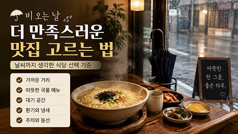 비 오는 날 맛집을 고를 때 따뜻한 국물 메뉴, 가까운 거리, 대기 공간, 환기와 주차 동선을 확인하는 식당 선택 이미지